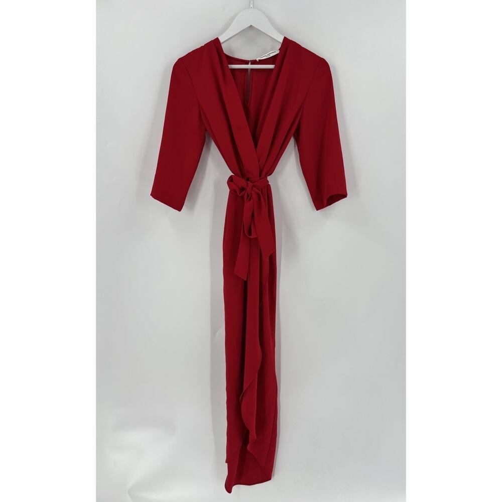 Amanda Uprichard Provenance Dress Womens Small Red Maxi Belt Ruffle V Neck Long